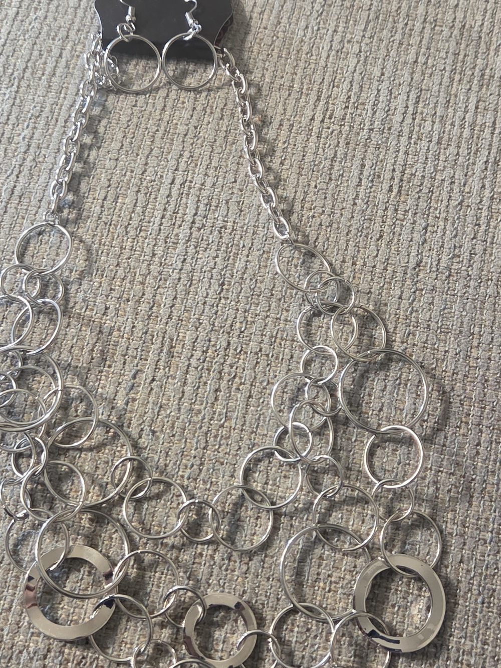 Silver Multi-Ring Statement Necklace and Earrings Set